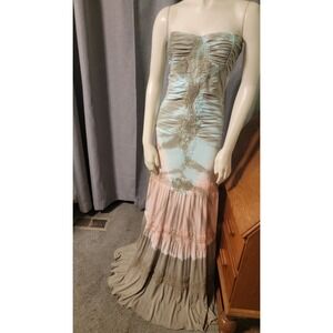 SKY Brand Women's Large Dress Mermaid Maxi Blue Pink Tan Tie Dye Crochet Accent